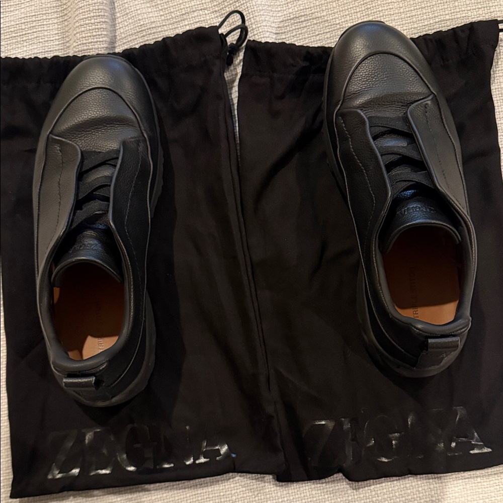 Zegna Men's Triple Stitch Monte Grained Black Leather Slip-On Sneakers